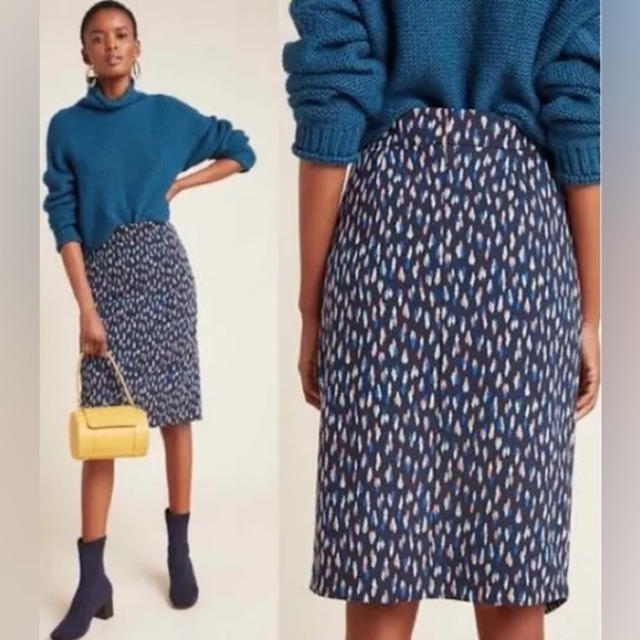 NWT Maeve Anthropologie Maeve Debra Faux Wrap Knit Pencil Skirt Navy Orange Sz 4 - Picture 1 of 9